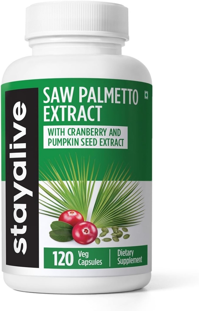 STAY ALIVE Saw Palmetto Extract Capsules w/Cranberry & Pumpkin Seed Oil, 120 pilules Vegan pour cheveux, U.T & Prostate, Pure Saw Palmetto pour hommes et femmes, non-OGM, supplément de graines de citrouille sans gluten
