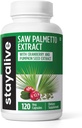 STAY ALIVE Saw Palmetto Extract Capsules w/Cranberry & Pumpkin Seed Oil, 120 pilules Vegan pour cheveux, U.T & Prostate, Pure Saw Palmetto pour hommes et femmes, non-OGM, supplément de graines de citrouille sans gluten