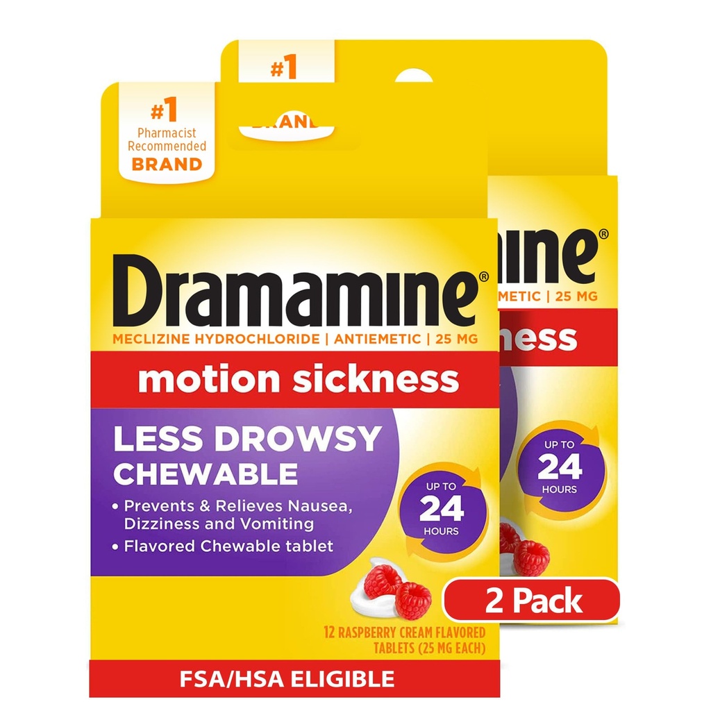 Dramamine Chewable moins somnolence, soulagement de la maladie du mouvement, crème framboise, 12 comtes, 2 paquets