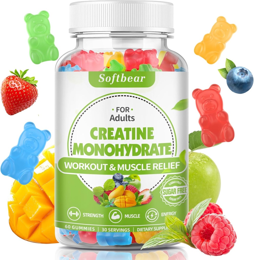 softbear 5000mg Gommies monohydratées créatine pour les hommes femmes, supplément végétalien de la créatine HCL Gommies avant l'entraînement pour la musculation Builder Strength Mixed Flavor 60 Comte