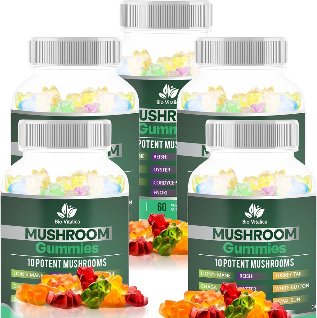 BIO VITALICA Gommies de champignons – 10 Complexe de champignons avec Lion, Reishi, Chaga, Cordyceps et plus – Gummes végétaliens fruités – Non-OGM, sans gluten, à base végétale – 5 paquets