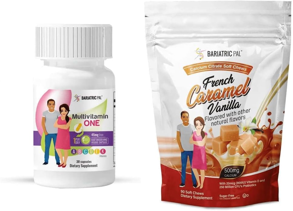 BariatricPal Duodenal Switch Complete 30-Day Supply Vitamin Pack (Capsule with 45mg Iron Calcium Citrate Soft Chews with Probiotics - French Caramel Vanilla)