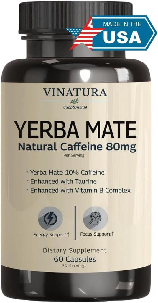 Yerba Mate 1400mg - Suppléments magiques naturels de caféine et d'énergie *USA Made & Tested* High Potency Enhanced with Taurine and Vitamine B Complex - 60 Capsules
