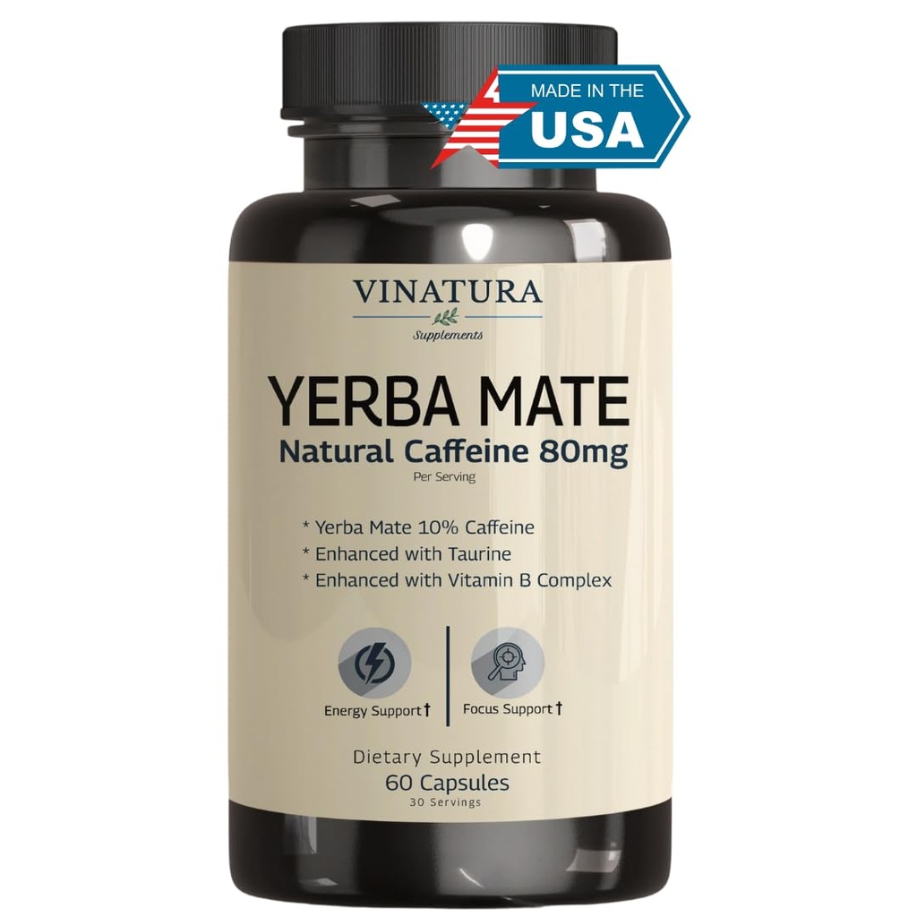 Yerba Mate 1400mg - Suppléments magiques naturels de caféine et d'énergie *USA Made & Tested* High Potency Enhanced with Taurine and Vitamine B Complex - 60 Capsules