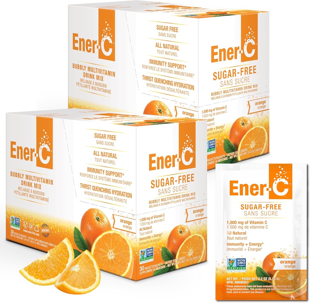 Ener-C Sans sucre Énergie Orange Mélange de multivitamines Vitamine C 1000mg & Electrolytes - Soutien de l'immunité naturelle avec des vraies poudres de jus de fruits Non-OGM Vegan & sans gluten - 60 Compte