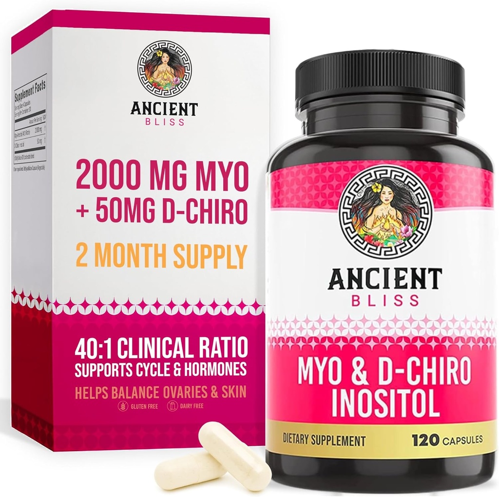 Ancient Bliss Myo & D-Chiro Inositol Supplement, 40 to 1 Ratio, Helps in Ovarian Function Support for Women, Vitamin B8 Helps to Regulate Menstrual Cycle, 2050mg per Serving, 120 Vegan Capsules