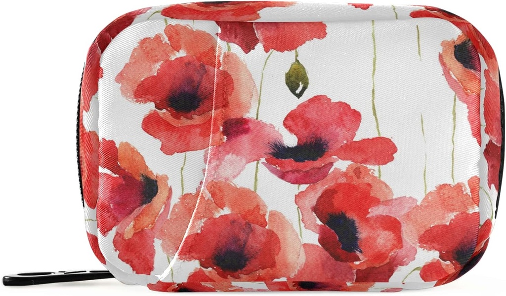 Aquarelle Poppy Flowers Pill Box 7 Day Pill Case Travel Pill Organizer Bag with Zipper Portable Weekly Case Taille compacte pour le support de supplément de vitamine