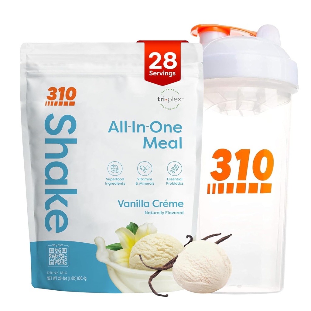 310 Nutrition All-in-One repas de rechange Shake Powder w/Shaker Cup Starter Kit - High Protein Fibre Rich Vegan Superfood Blend - sans sucre, Keto & Paleo Friendly, Low Carb - Vanilla Creme 28 srv