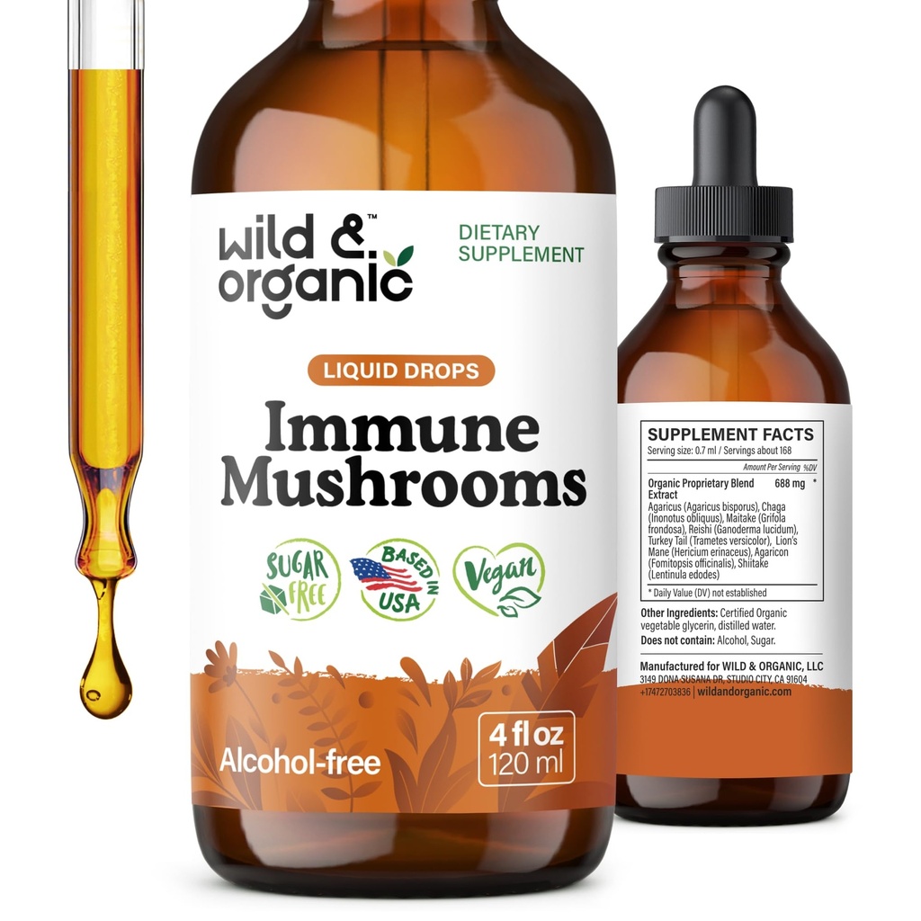 Teinture de Champignon Immune sauvage et biologique - 8-en-1 Immune Support avec Chaga, Reishi, Turquie Queue, Lion, Mane, Extrait de Maitake - Supplément de Champignon liquide - Vegan, sucre et gouttes sans alcool - 4 oz