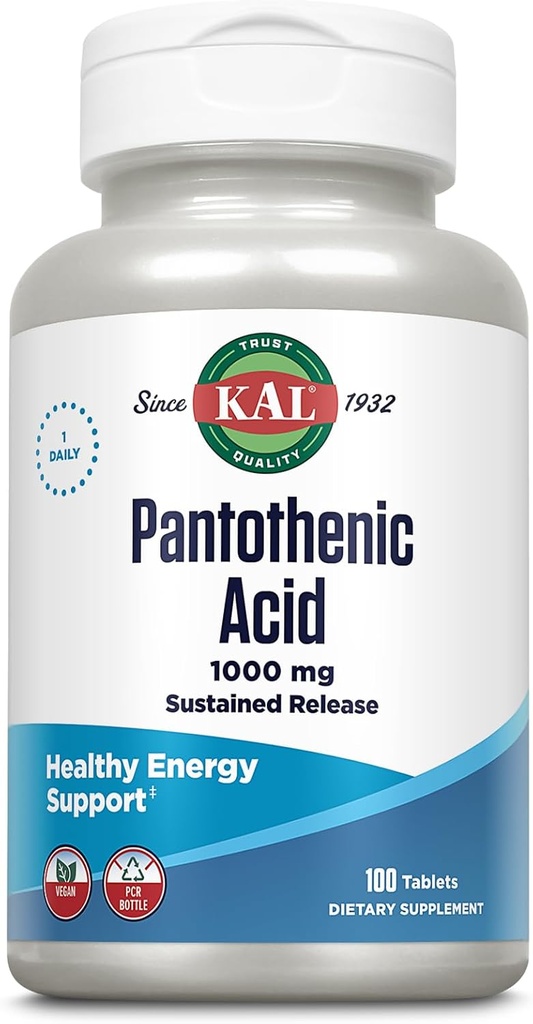 KAL Acide pantothénique 1000mg, libération prolongée Vitamine B5 - Suppléments énergétiques - soutient le métabolisme des glucides, graisses et protéines, santé des cheveux et de la peau, végétalien, garantie de 60 jours, 100 portions, 100 comprimés