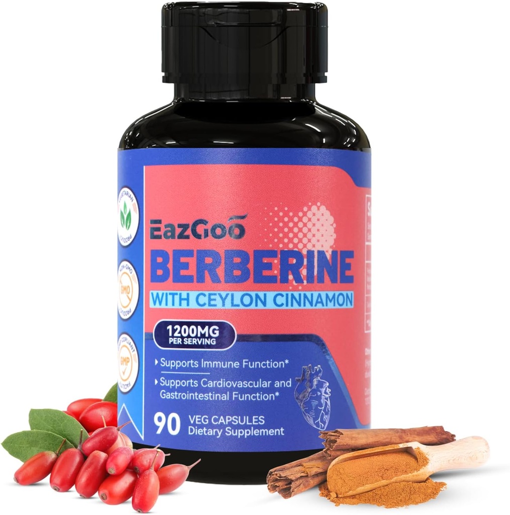 Supplément Berberine Premium 1200mg avec Ceylan Cinnamon - 90 Capsules Vegan - Supplément Berberine HCL sans OGM sans gluten, support immunitaire