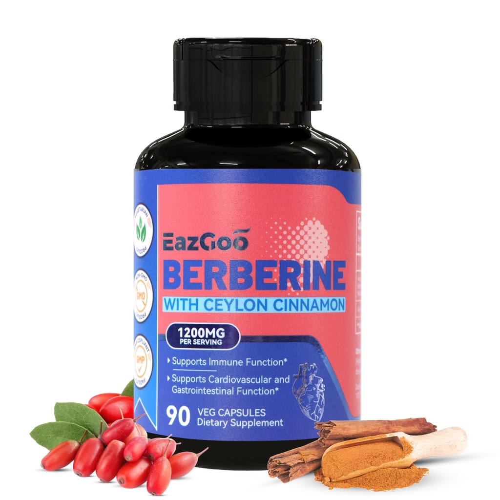 Supplément Berberine Premium 1200mg avec Ceylan Cinnamon - 90 Capsules Vegan - Supplément Berberine HCL sans OGM sans gluten, support immunitaire