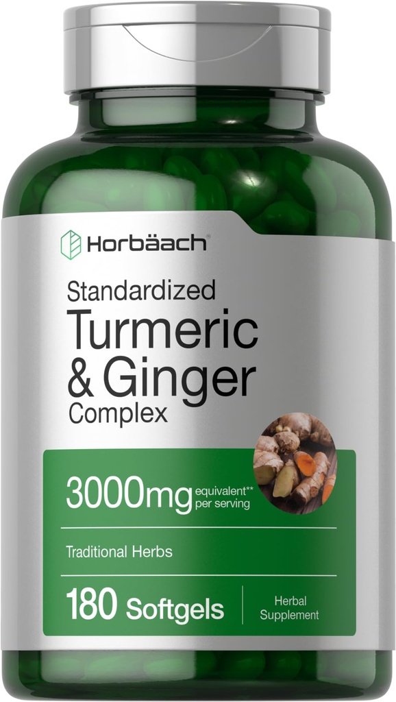 Supplément curcuma et gingembre Horbäach 3000 mg 180 softgel avec extrait de poivre noir