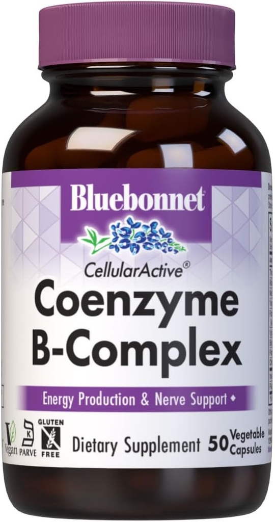 Bluebonnet Nutrition Cellulaire Active Coenzyme B-Complexe, Production d'énergie et support nerveux*, Vegan, Certifié Casher, Sans gluten, Sans soja, Sans lait, 50 Capsules végétales, 50 portions