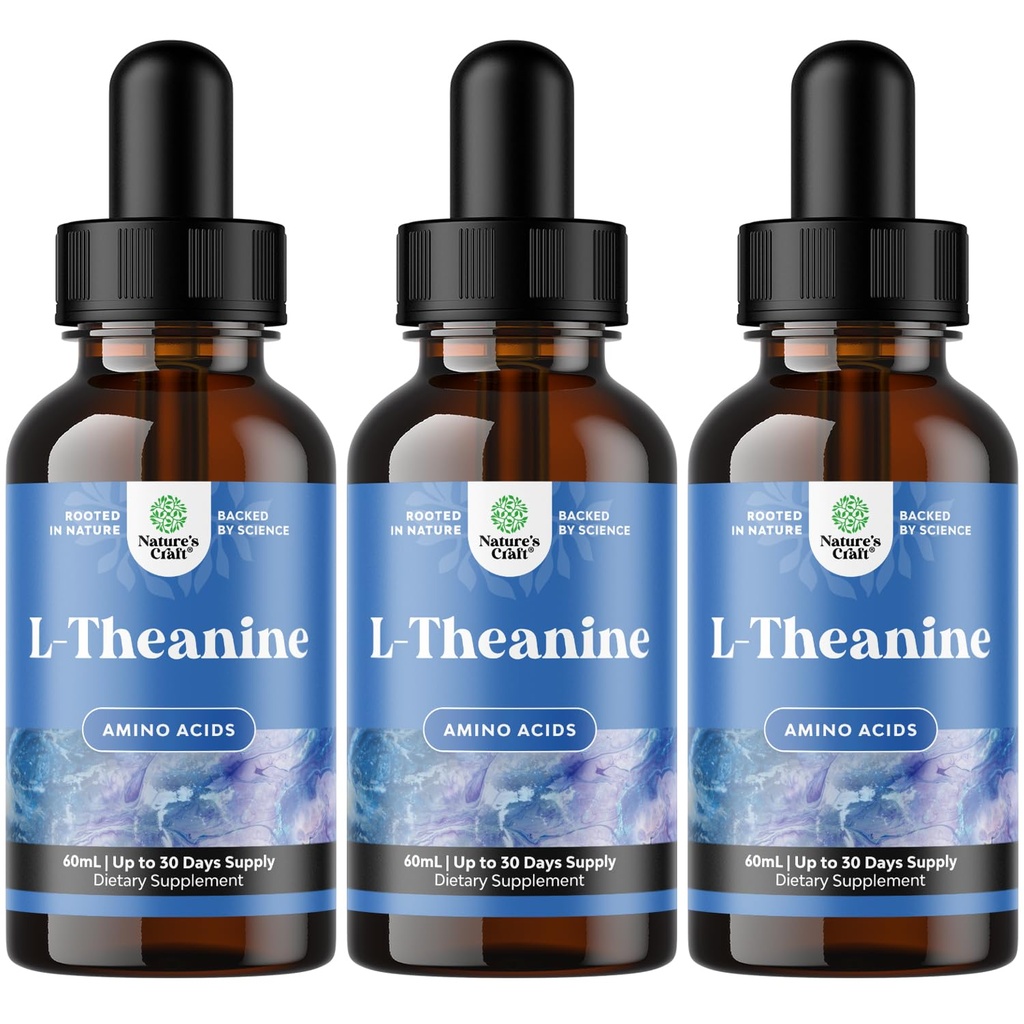 Natures Craft High Absorption L-Theanine Liquid Drops - Supplément Nootropic Focus avec L Theanine 200mg par portion et extrait de camomille - Supplément pour adultes et enfants Relaxation et Focus - 6oz