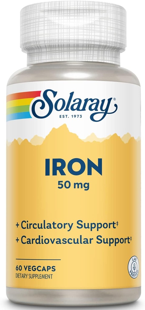 Solaray Iron 50 mg: Circulation saine, fonction cardiovasculaire et soutien à la santé des globules rouges