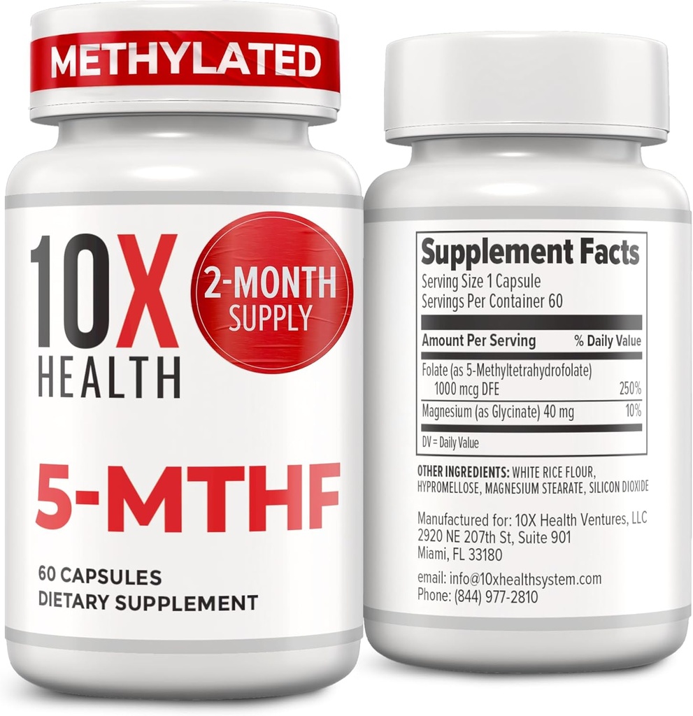 10X Health 5-MTHF Methylfolate - Methylated Folate & Magnesium for Brain, Heart Health, DNA & Neurotransmitter Synthesis - Bioavailable Methyl Folate Supplement - Methylfolate Supplement 60 Capsules