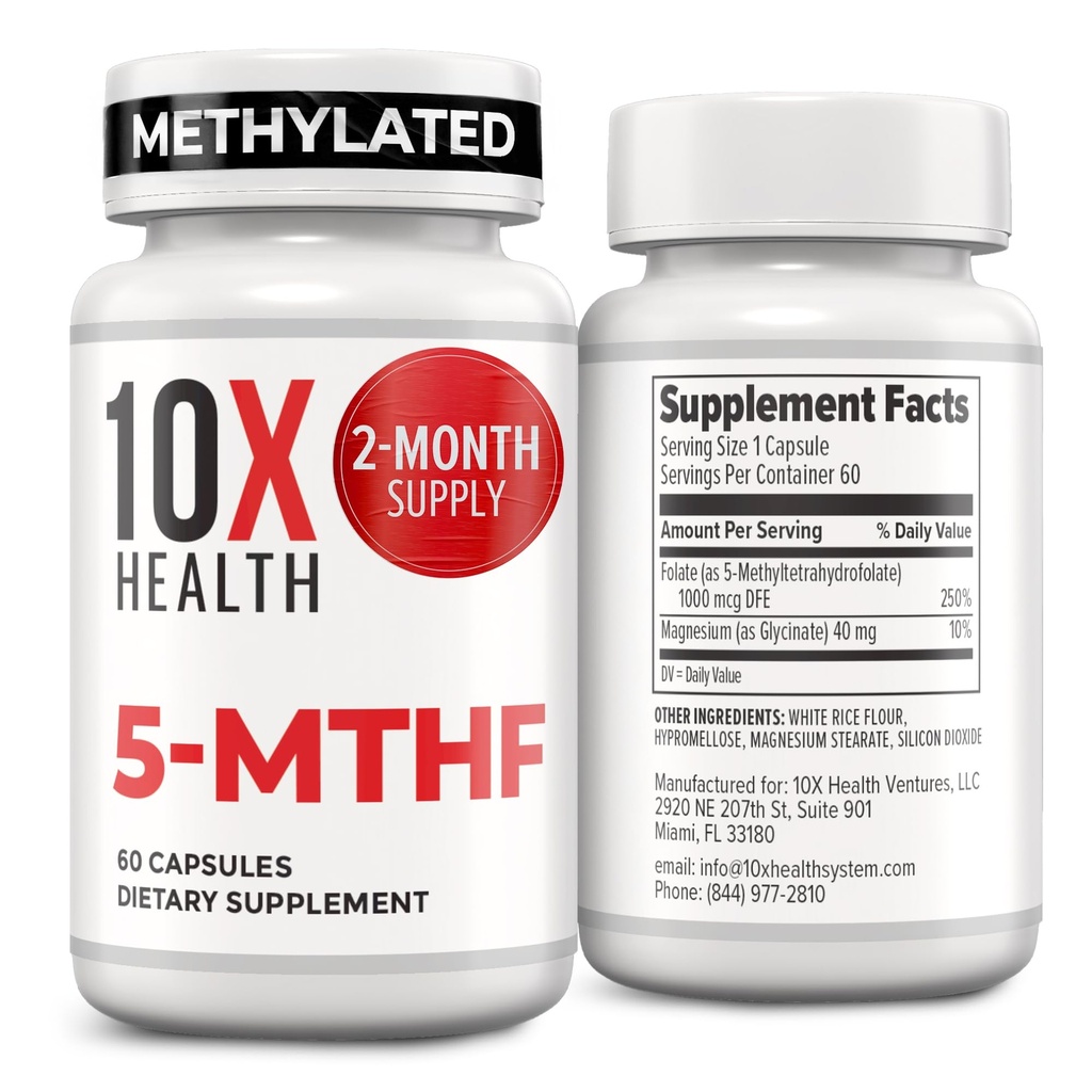 10X Santé 5-MTHF Méthylfolate - Méthylated Folate & Magnésium pour le cerveau, la santé cardiaque, l'ADN et la synthèse des neurotransmetteurs - Biodisponible Méthyl Folate Supplément - Méthylfolate Supplément 60 Capsules