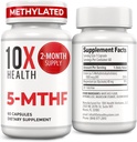 10X Santé 5-MTHF Méthylfolate - Méthylated Folate & Magnésium pour le cerveau, la santé cardiaque, l'ADN et la synthèse des neurotransmetteurs - Biodisponible Méthyl Folate Supplément - Méthylfolate Supplément 60 Capsules