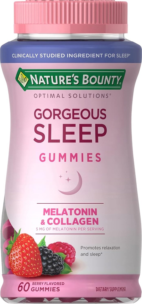 Bounty de la nature Solutions optimales Mélatonine de sommeil magnifique 5mg Gommies avec collagène, 60 comtes, saveurs de fruits assorties, 30 portions totales