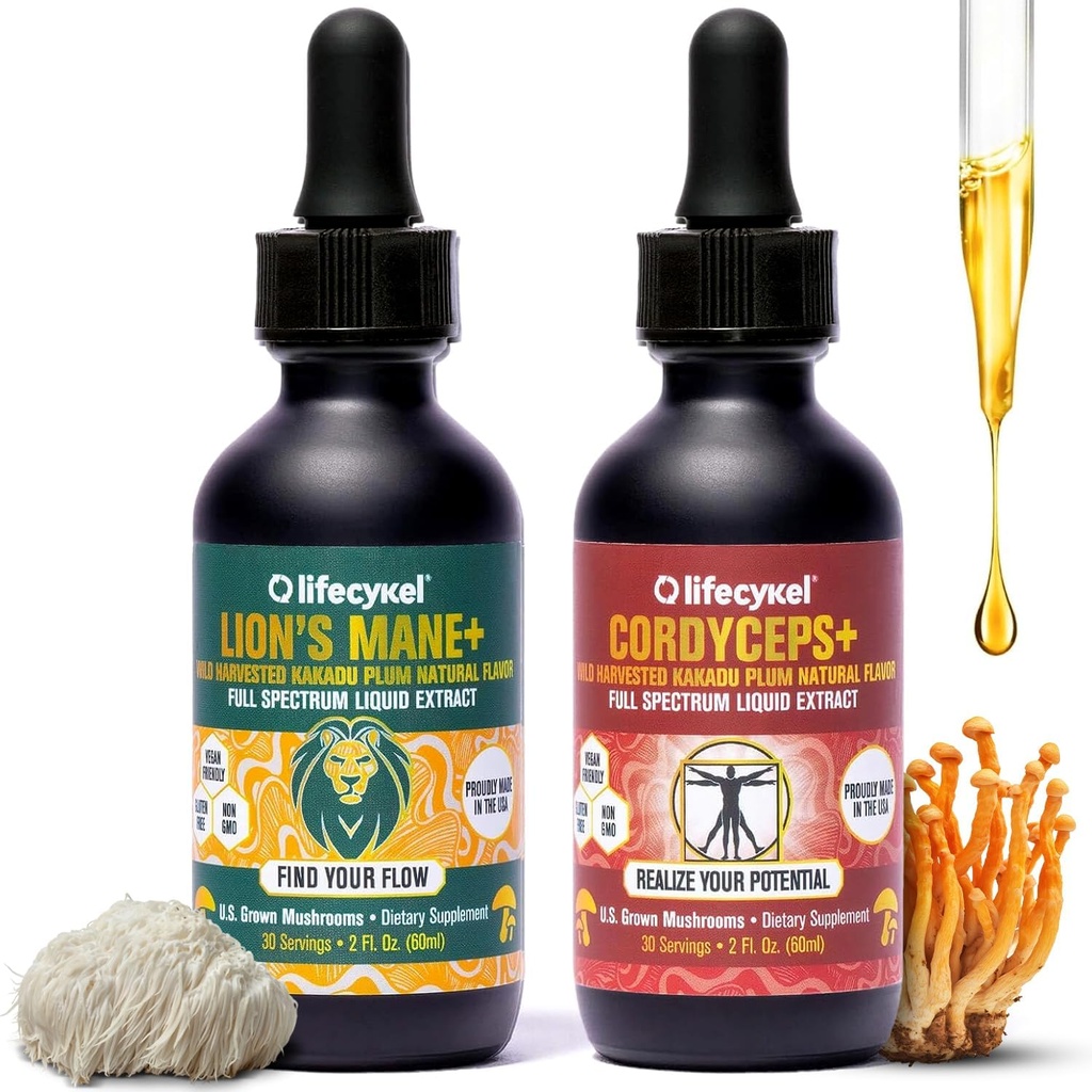 Life Cykel Cordyceps + Lion's Mane Extract Performance Pack - Supplément de champignons biologiques pour l'énergie, la focale et la clarté mentale - États-Unis