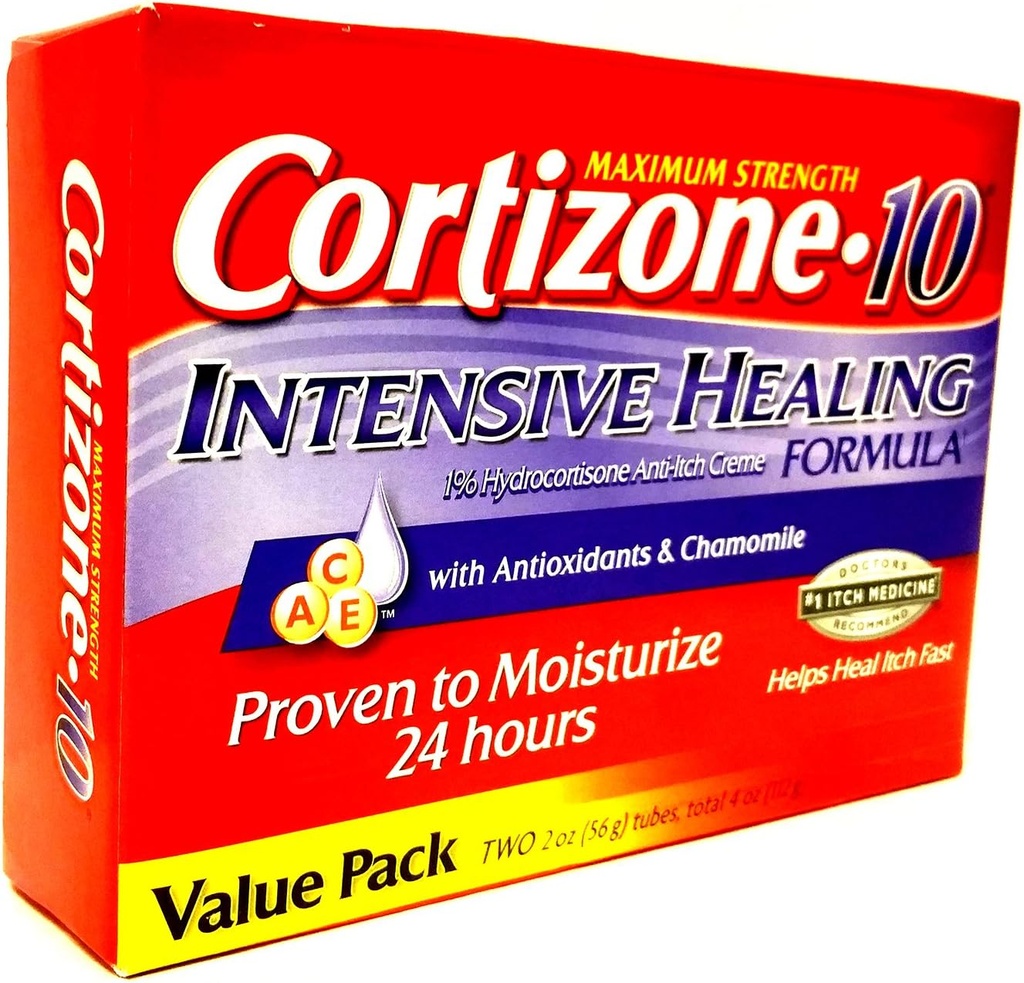 cortizone 10 Maximum Strenght Intensive Healing 1% hydrocortisone Anti Itch Cream Two 20z Tubes, Total 4 oz