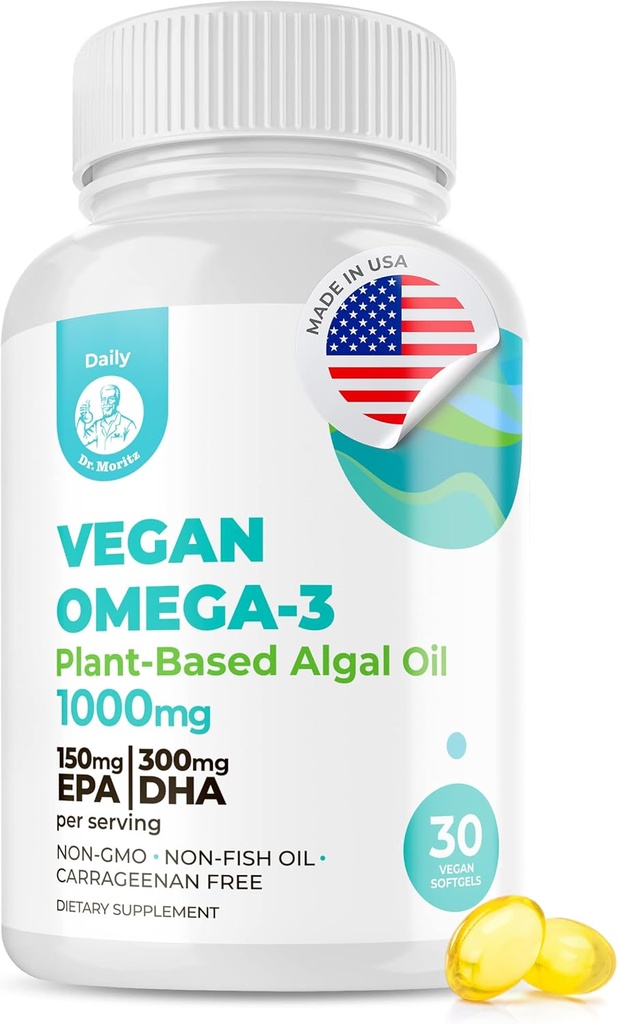 DR. MORITZ Vegan Omega-3 softgels pour adultes et enfants, fabriqués à partir d'huile d'algues avec DHA EPA, petits suppléments d'algues Omega 3, Vegan, 30 comtes