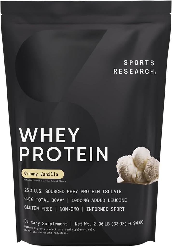 Recherche sportive Isolate de protéines de lactosérum - Sports Nutrition Poudre de protéines 25g par portion - 2.1lb Sac Protéine de lactosérum - Vanilla Flavor - Poudre de protéines en vrac, 26 portions
