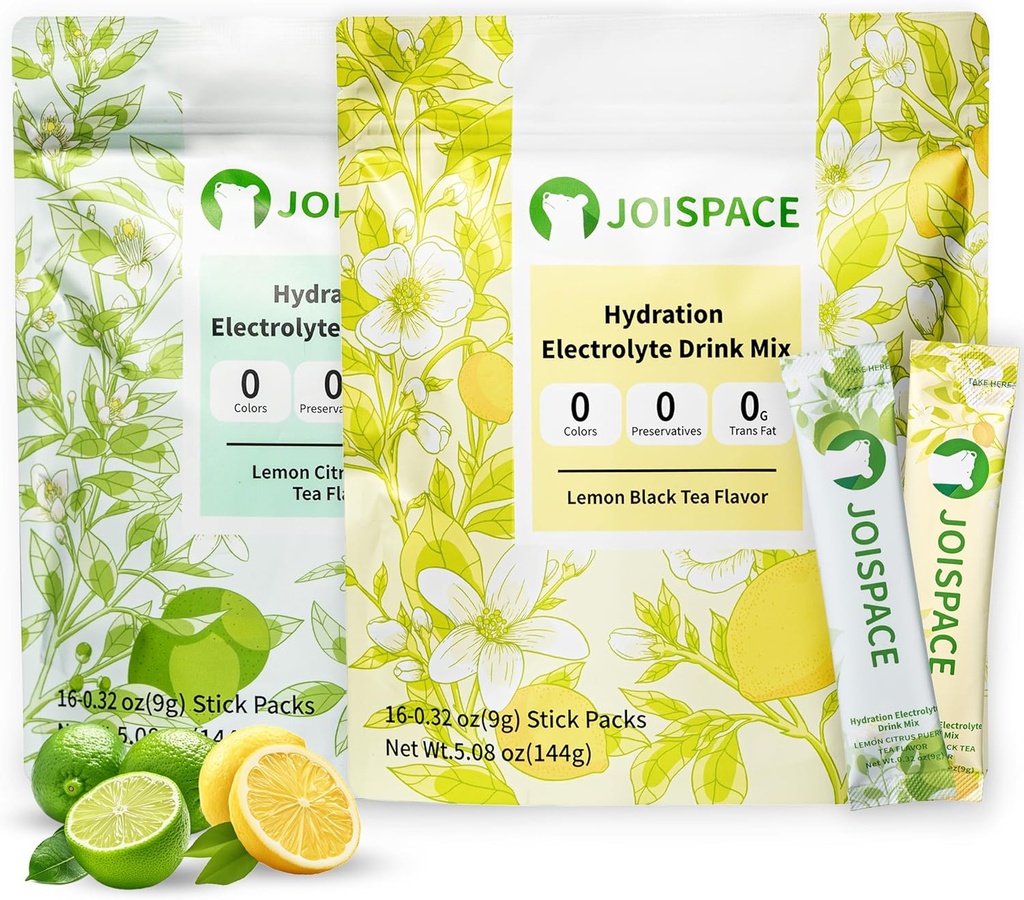 JOISPACE Electrolyte Drink Mix with Tea Polyphenols | Fast Hydration & Electrolytes Boost | Non-GMO, Vegan, Gluten-Free | Lemon Tea & Lemon Lime Tea, 32 Servings