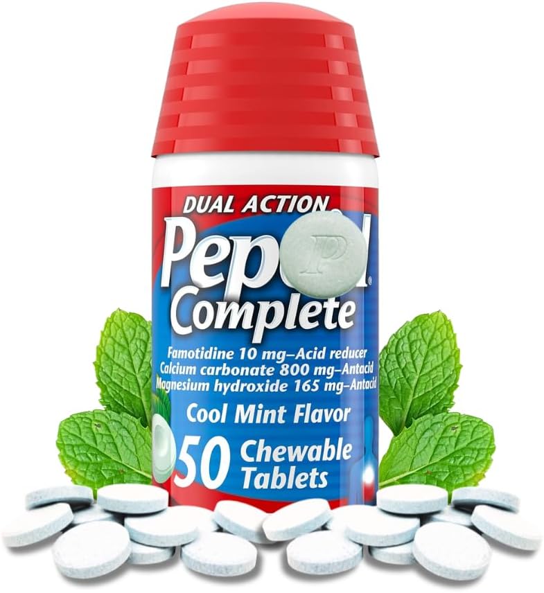 Réducteur d'acides chirurgicaux complet - Ease de brûlure d'estomac, Réducteur de reflux d'acide, Chews de brûlure d'estomac, 2 Pack 50 Ct Comprimés antiacides chirurgicaux sur le cas de la pilule Go (Mint 100ct)