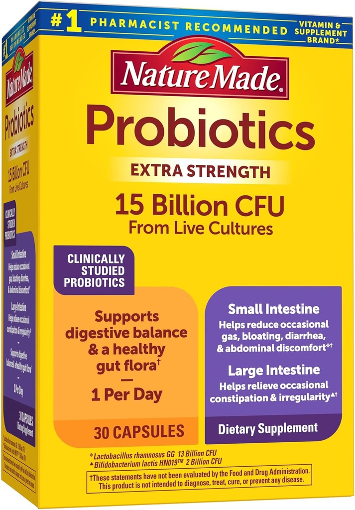 Probiotiques faits de la nature pour la santé digestive Extra Strength 15 milliards UFC de cultures vivantes, probiotiques pour les femmes et les hommes, 30 capsules probiotiques, 30 jours d'approvisionnement