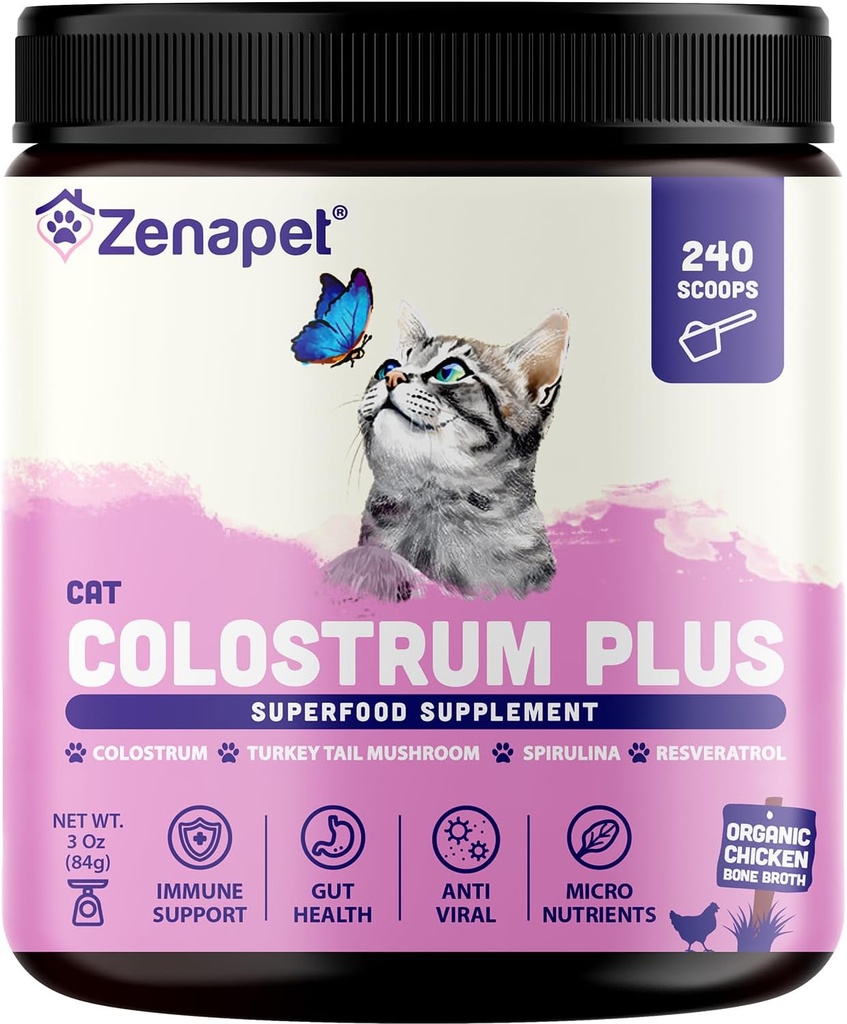 ZENAPET Cat Colostrum Plus Premium Powder Topper, Immune & Digestive Health Supplement, 240 portions (8-mois d'approvisionnement), soutient la peau et le manteau, fabriqués aux États-Unis