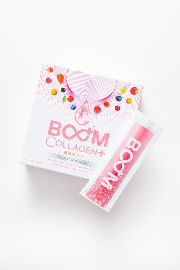 Générique BOOM COLLAGEN PLUS PLUS PLUS DE 30 ANTIOXIDANTS- ANTI-AGING DRINK pour une belle peau 14 SACHETS en boîte, rose/blanc