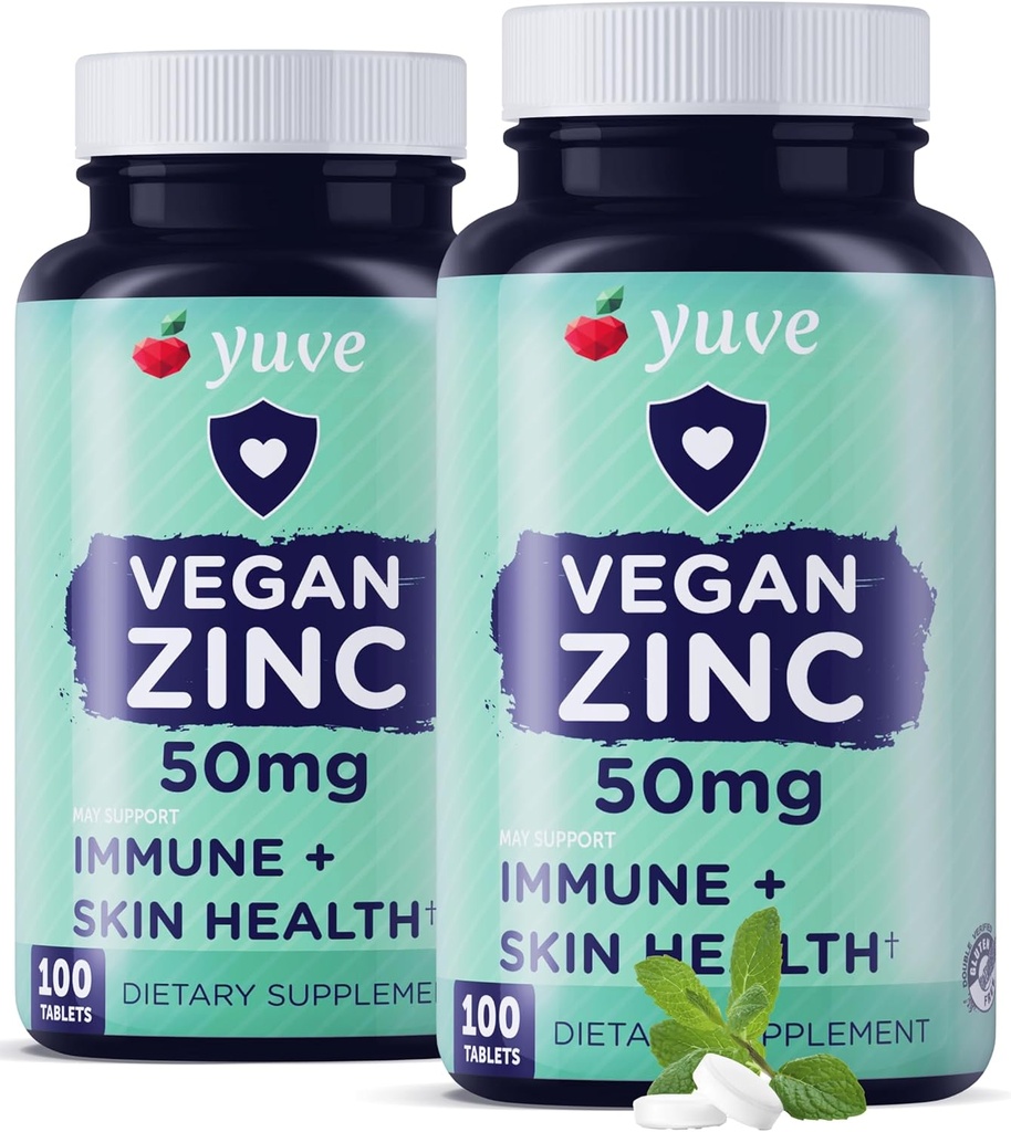 Suppléments naturels de vitamines de zinc végétalien de jouvence 50mg, soutien immunitaire suprême, soulagement rapide des rhumes et de la grippe, peau sans acné, niveaux d'hormones sains, non-OGM, sans gluten et sans sucre - 100 comprimés de légumes (2 pack)
