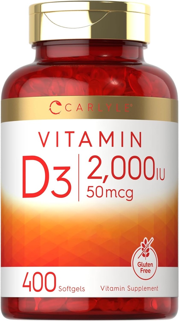Carlyle Vitamine D3 2000UI Softgels (en anglais seulement) 400 Count (en anglais seulement) Non-OGM, sans gluten Formule 50 mcg (en anglais seulement) Supplément vitamine D