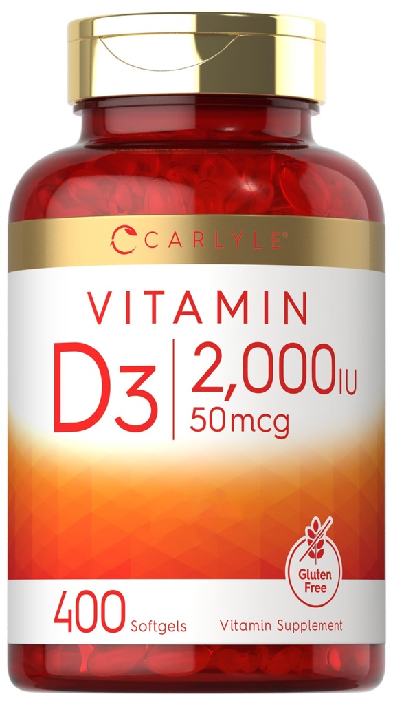 Carlyle Vitamine D3 2000UI Softgels (en anglais seulement) 400 Count (en anglais seulement) Non-OGM, sans gluten Formule 50 mcg (en anglais seulement) Supplément vitamine D