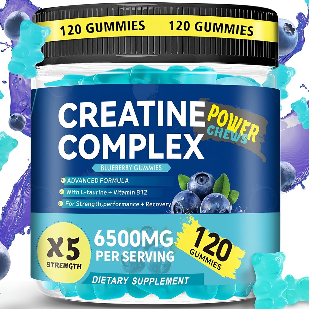 Créatine Monohydrate Gommies 6500mg par portion pour les hommes et les femmes - 120 Gummies X5 Strength Sugar Free Créatine à croquer pour le constructeur musculaire, la force musculaire, le supplément de pré-entraînement (Blueberry)