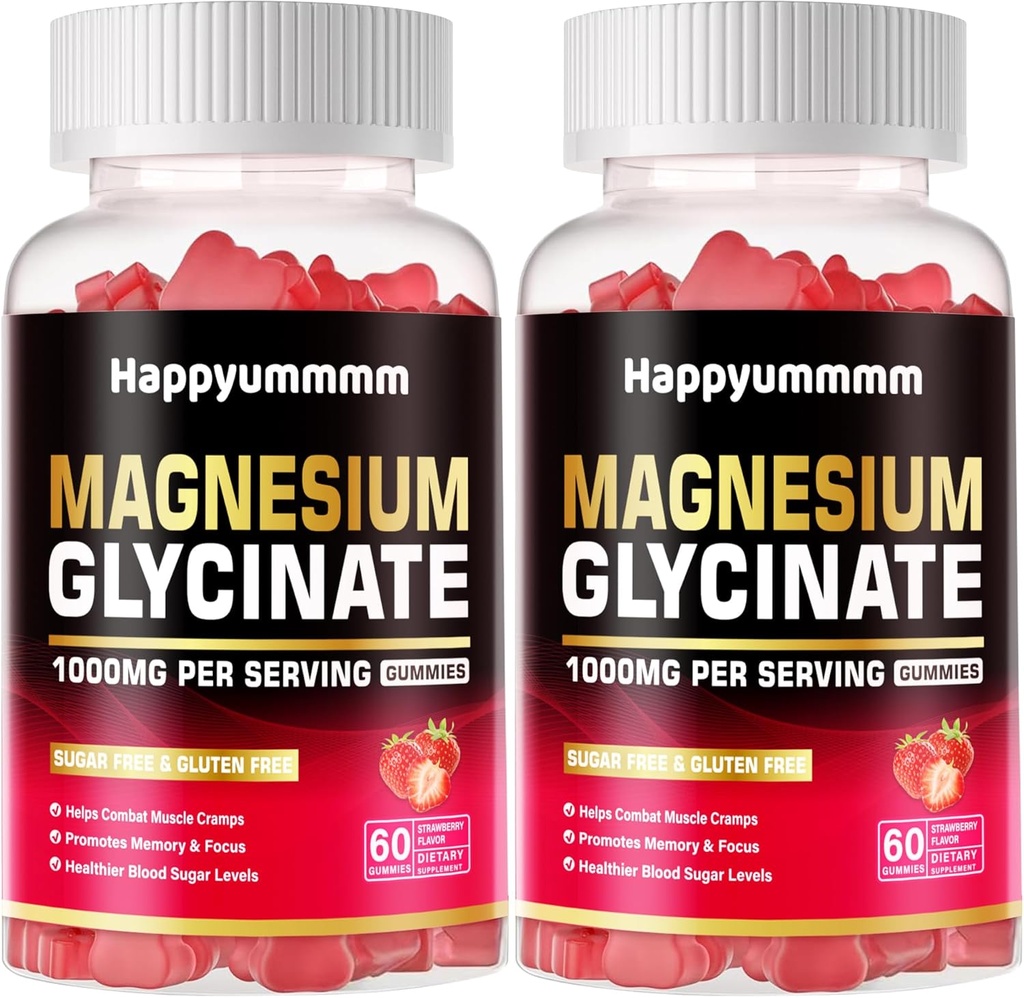 Glycinat de magnésium Gommies 1000mg - Supplément de potassium de magnésium sans sucre avec vitamine D, B6, CoQ10 pour l'humeur calme et le soutien du sommeil - 120 Gommies de fraise