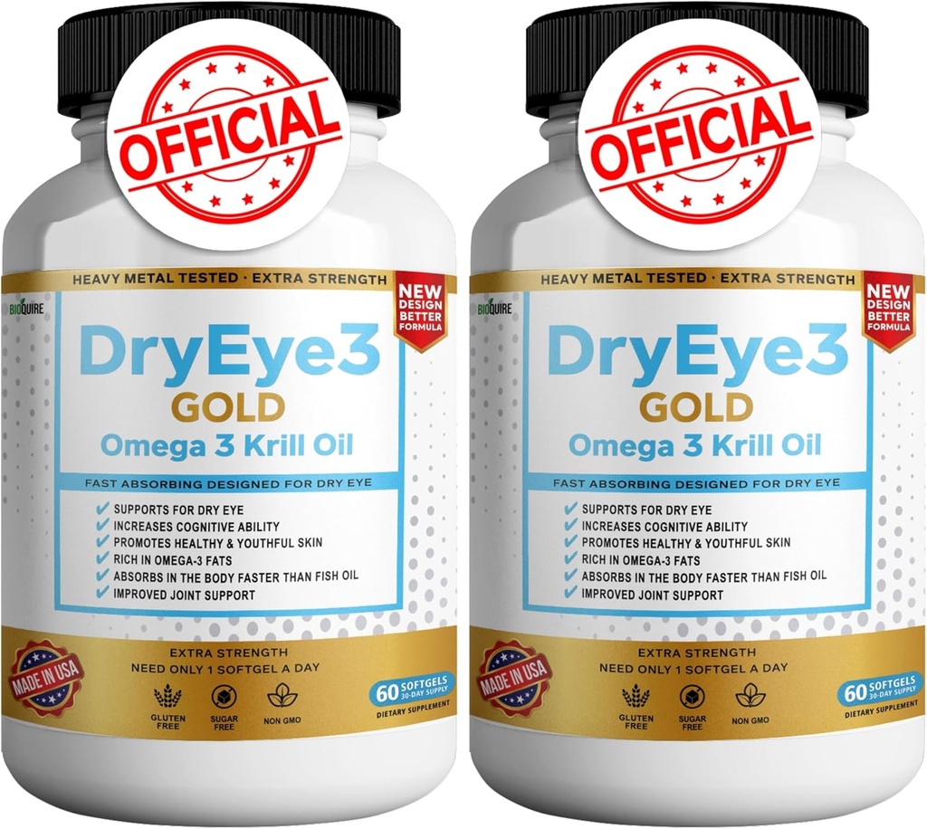 Oeil sec 3 Gold Omega 3 Huile de krill Extra Strength, 60 softgels, support des yeux secs, non-OGM, sans gluten, sans sucre (2)