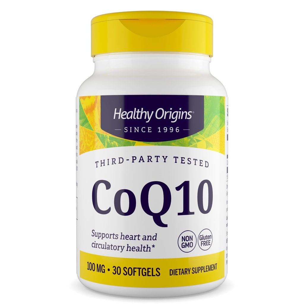 Healthy Origins® CoQ10 100 mg – Ubiquinone trans-isomère naturelle – levure fermentée, soutient la santé cardiaque et l'énergie cellulaire – non-OGM 30 Softgels