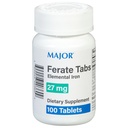 Major 27 mg Tabs ferrés - Supplément alimentaire élémentaire de fer au gluconate ferreux - 100 Compte (1 paquet)