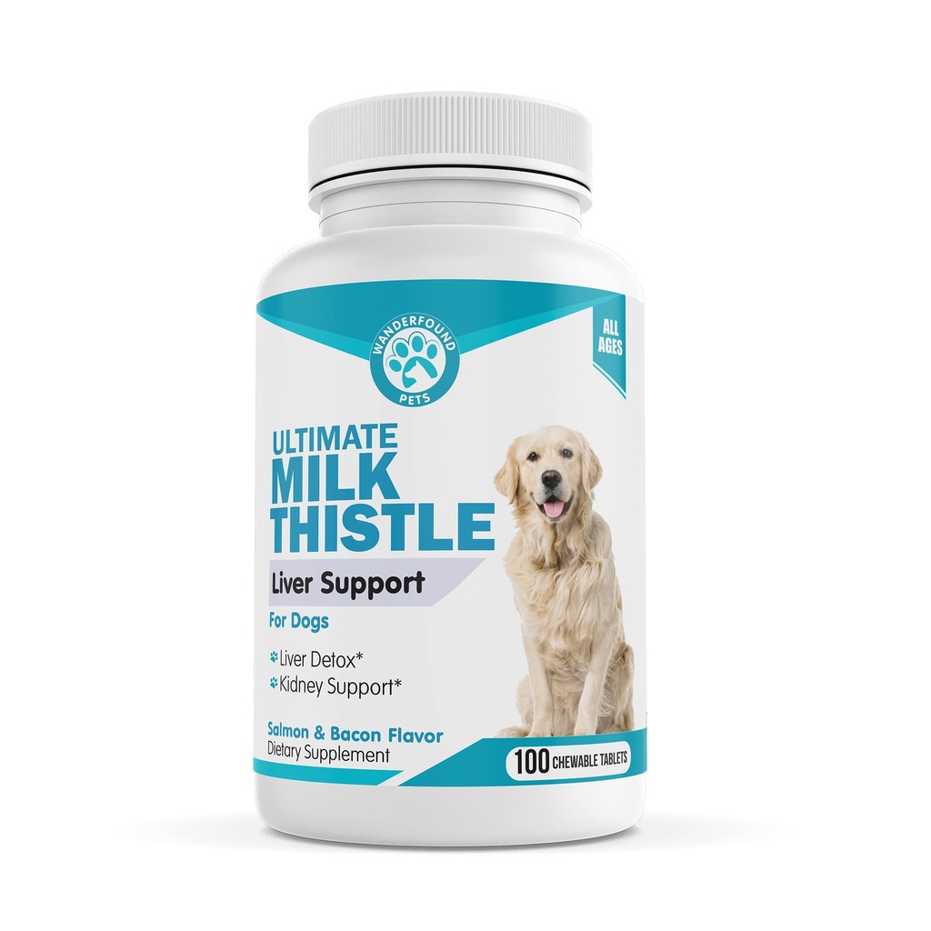 Animaux de compagnie Wanderfound Thistle de lait pour chiens – Taste Salmon & Bacon Flavored Natural Liver Support pour animaux de compagnie – Nettoyage des reins Detox & Formule de réparation fabriqués aux États-Unis – 100 comprimés à croquer