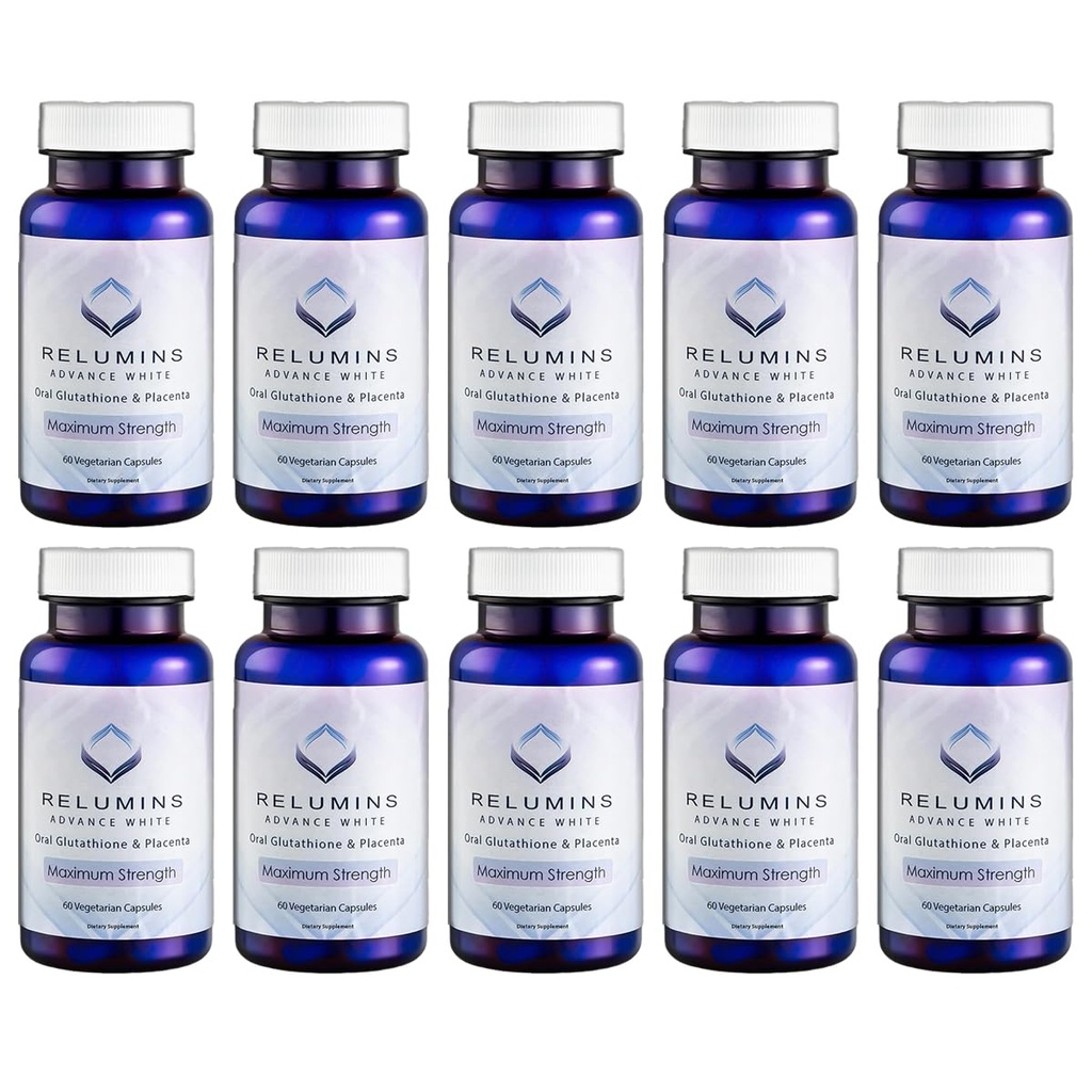 Relumins Capsules avancées de glutathion blanc - Supplément d'éclaircissement Max Strength avec ALA, Placenta, Rose HIPS & Vitamine C - Lutte contre le stress oxydatif, soutient le collagène et fabriqué aux États-Unis - 10 bouteilles