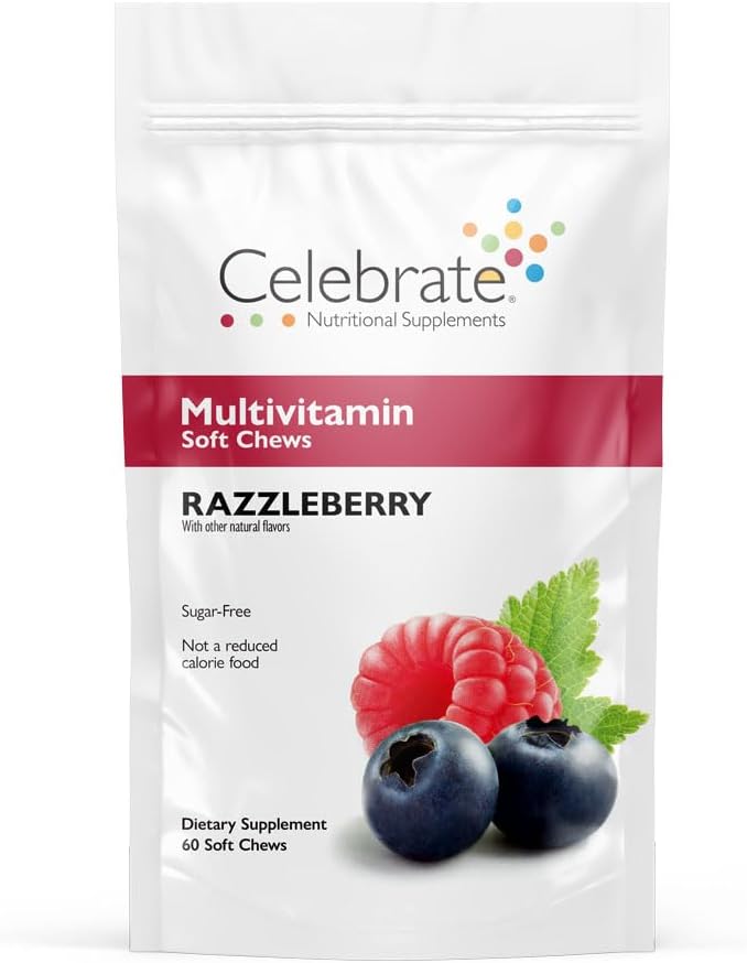 Célébrez les vitamines Bariatric Multivitamin Soft Chews - Vitamines et minéraux essentiels, sans sucre et sans gluten - Supplément gastrique de dérivation et gastrectomie à manches - Berry (60ct)