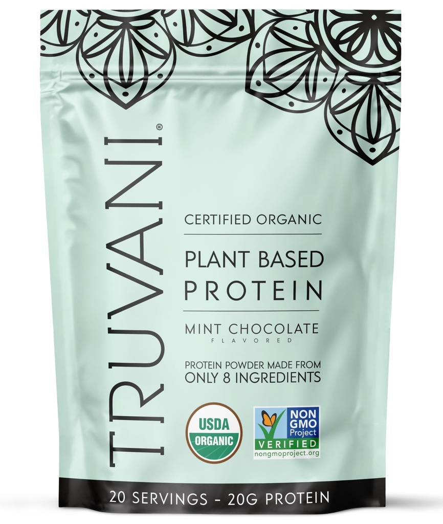 Truvani Vegan Powder Protéines de pois 20g Protéines organiques à base de plantes Keto , sans gluten et sans lait , faible teneur en glucides Pas de sucre ajouté Chocolat menthe 20 portions