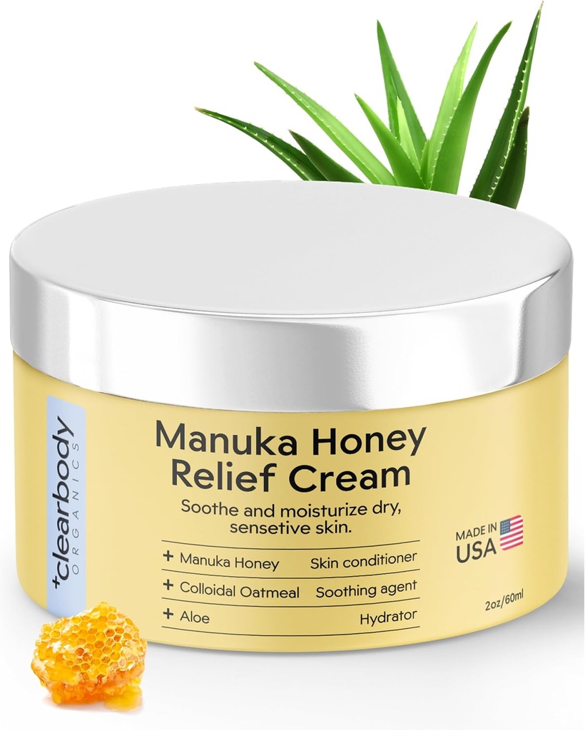 Clearbody Organics Manuka Crème de miel - 2 fl oz, Paquet de 1 - Crème d'eczéma apaisante - Hydratation profonde avec de l'avoine colloïdale - Relief de Manuka instantané pour la peau sèche et démangeante