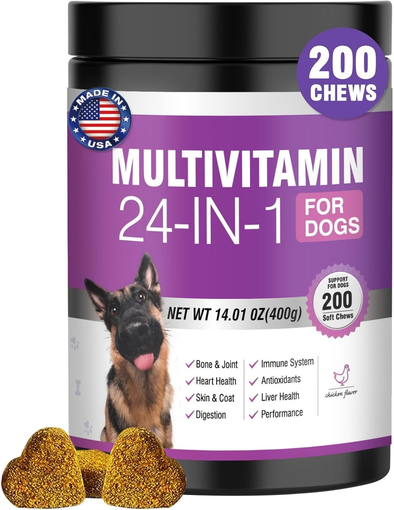24-en-1 Vitamines et suppléments pour chiens 200 Ct Chiens Multivitamines Contient Chondroïtine Probiotiques Omega-3 Glucosamine pour chiens Coeur de peau Coeur articulaire Gut foie Cerveau Yeux Immune Support - Poulet