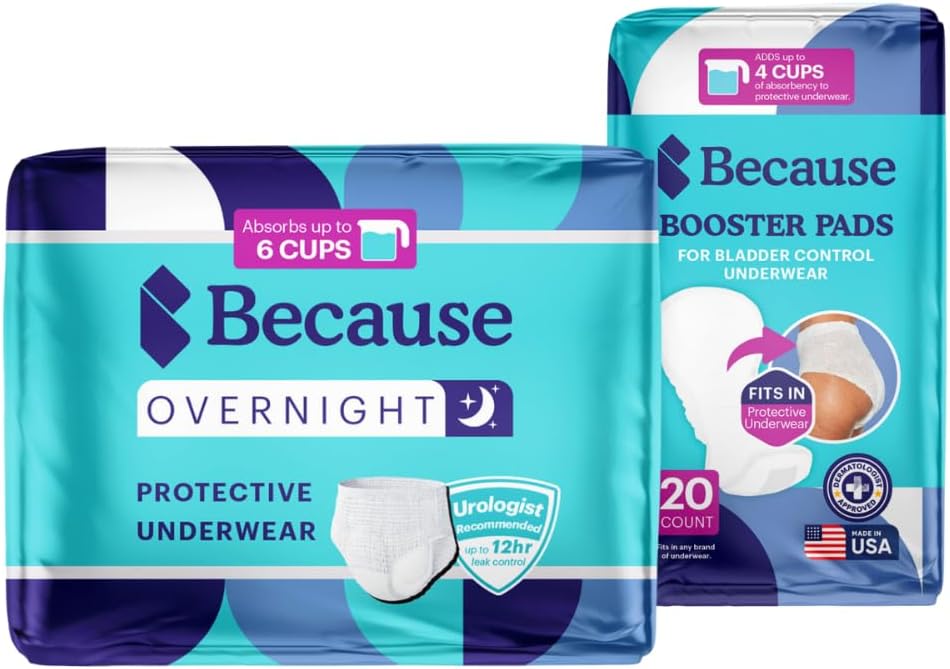 Parce que la nuit Incontinence Sous-vêtements pour hommes & femmes et Booster Pad Bundle - Comprend Sous-vêtements - Blanc, XXL, 40ct (2 Packs de 20) et Booster Pads, 20ct/Absorbe jusqu'à 10 Coupes