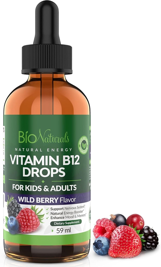 Bio Naturals Vitamine B12 gouttes liquides pour adultes et enfants - 100% naturel Sublingual méthylcobalamine - Absorption la plus élevée - Energy & Brain Booster aide avec la fatigue et la faiblesse - Berry sauvage - 2 fl oz