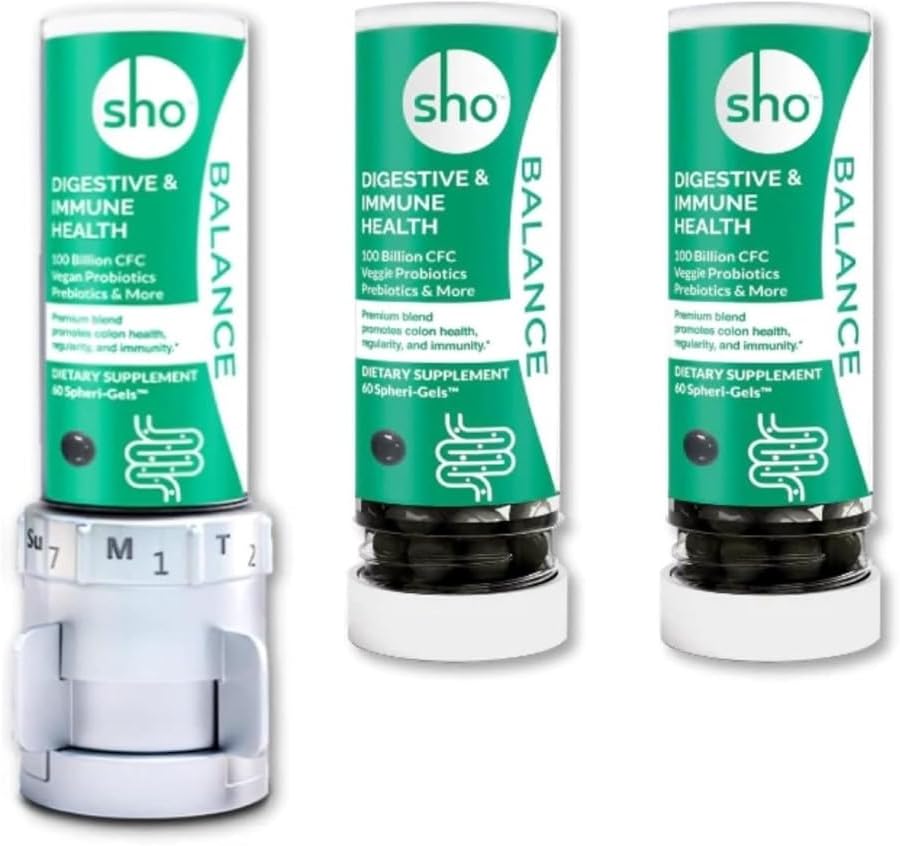 SHO Balance 100 milliards CFU Prébiotiques et probiotiques pour IBS, Bloating, Constipation, Digestion santé, Gut santé et perte de poids Vegan Supplément pour les femmes et les hommes avec 2 bouteilles de recharge
